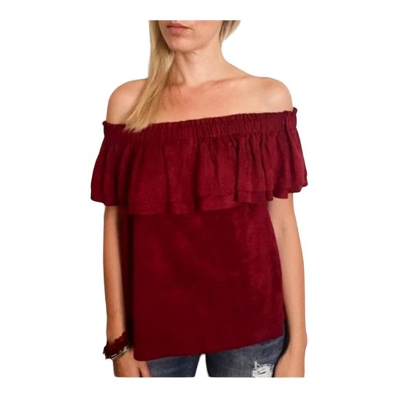 Young Fabulous & Broke XS Faux Suede Ruffle Chest Off Shoulder Top - Picture 1 of 6